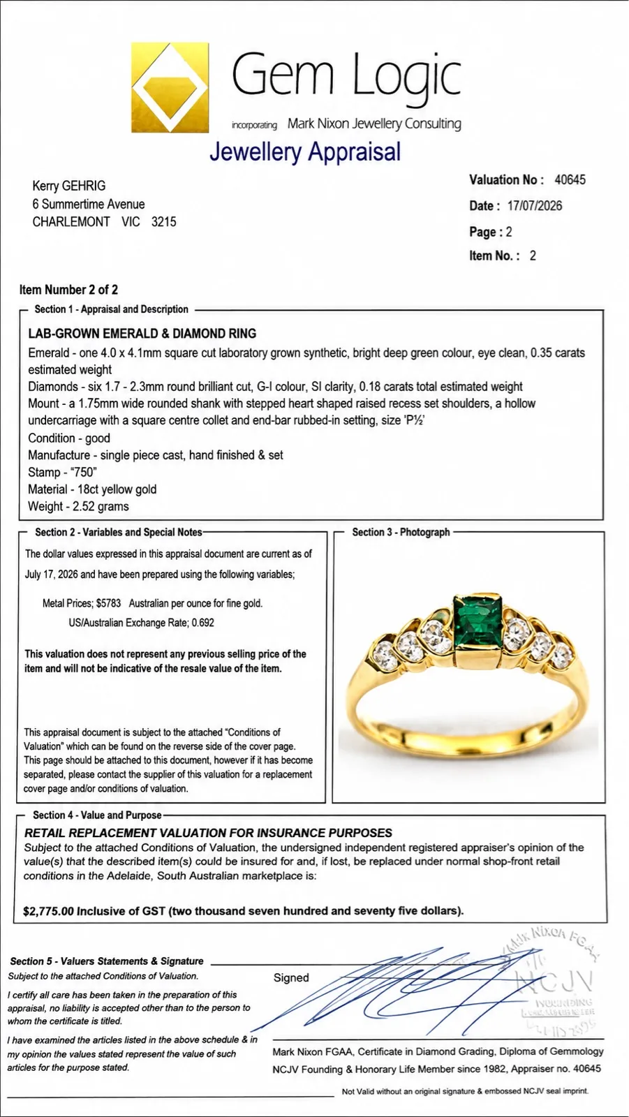 18kt emerald with diamonds 18kt gold ring with valuation – photo 2