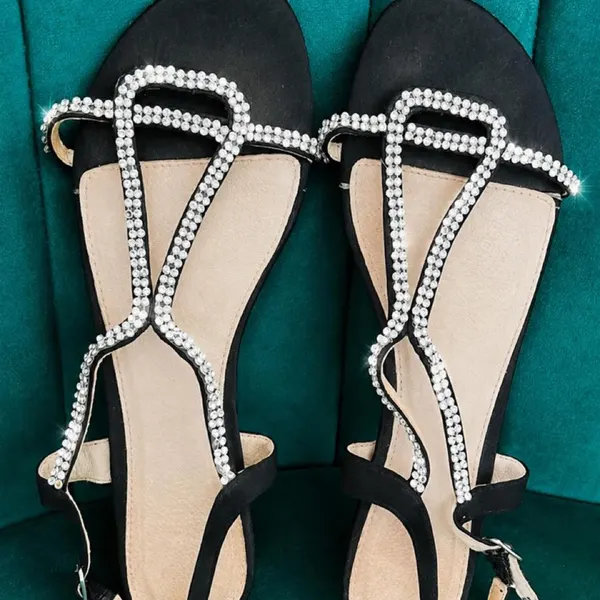 Giovanni black leather flat sandals with diamante straps