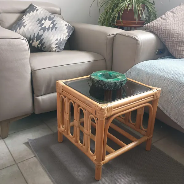 Vintage Rattan & Bamboo Tinted Glass-Top Side Table / End Table