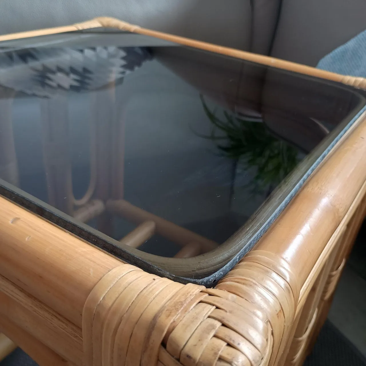 Vintage Rattan & Bamboo Tinted Glass-Top Side Table / End Table – photo 3