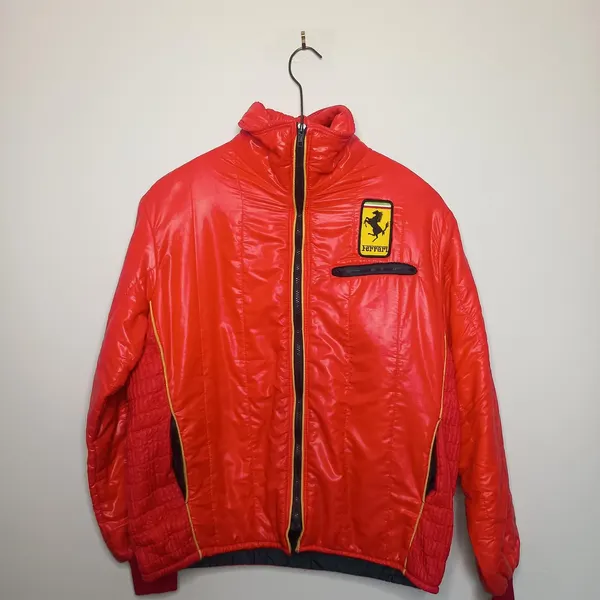 Vintage Ferrari Racing Puffer Jacket Red Nylon Made in England Size 42/L