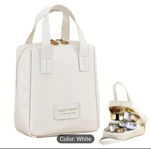 Cosmetic Organizer Tote Bag, Multiple Compartments,Zippe M size white+Free gift