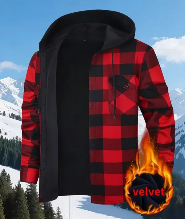Men's Red & Black Buffalo Plaid Hooded Fleece-Lined Jacket | size L