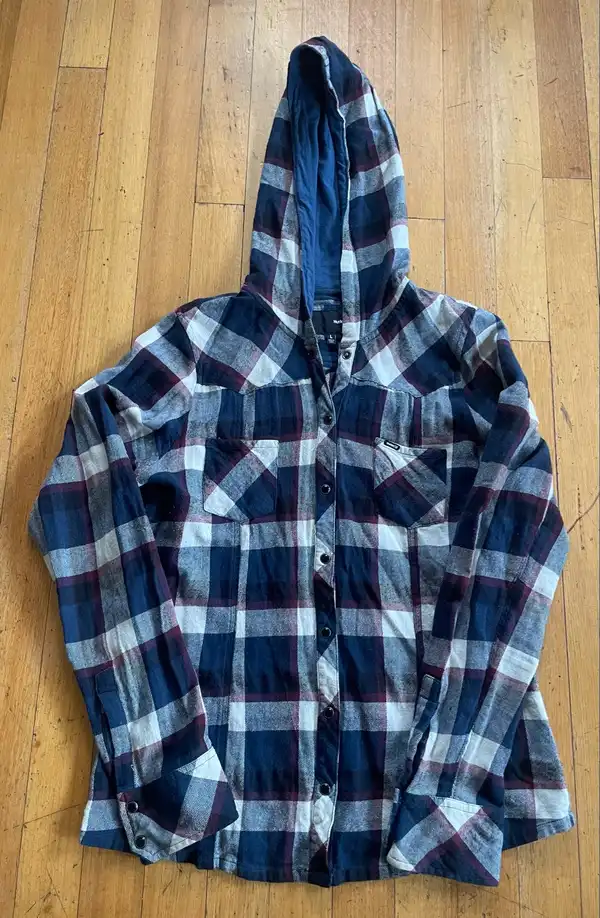 Hurley plaid flannel button up hooded shirt, size L