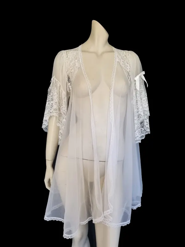 Sheer White Mini Robe With Lacy Flutter Sleeves by Delicates - M
