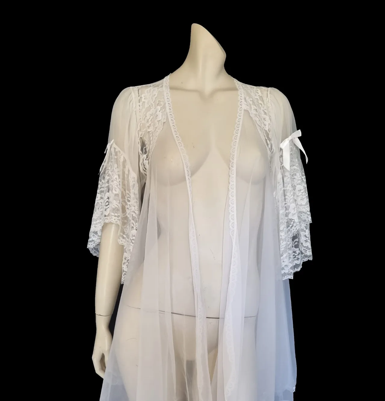Sheer White Mini Robe With Lacy Flutter Sleeves by Delicates - M — photo 2
