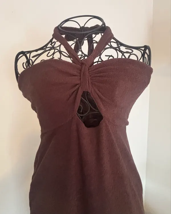 PrettyLittleThing Chocolate Brown Terry Towelling Halter Maxi Dress
