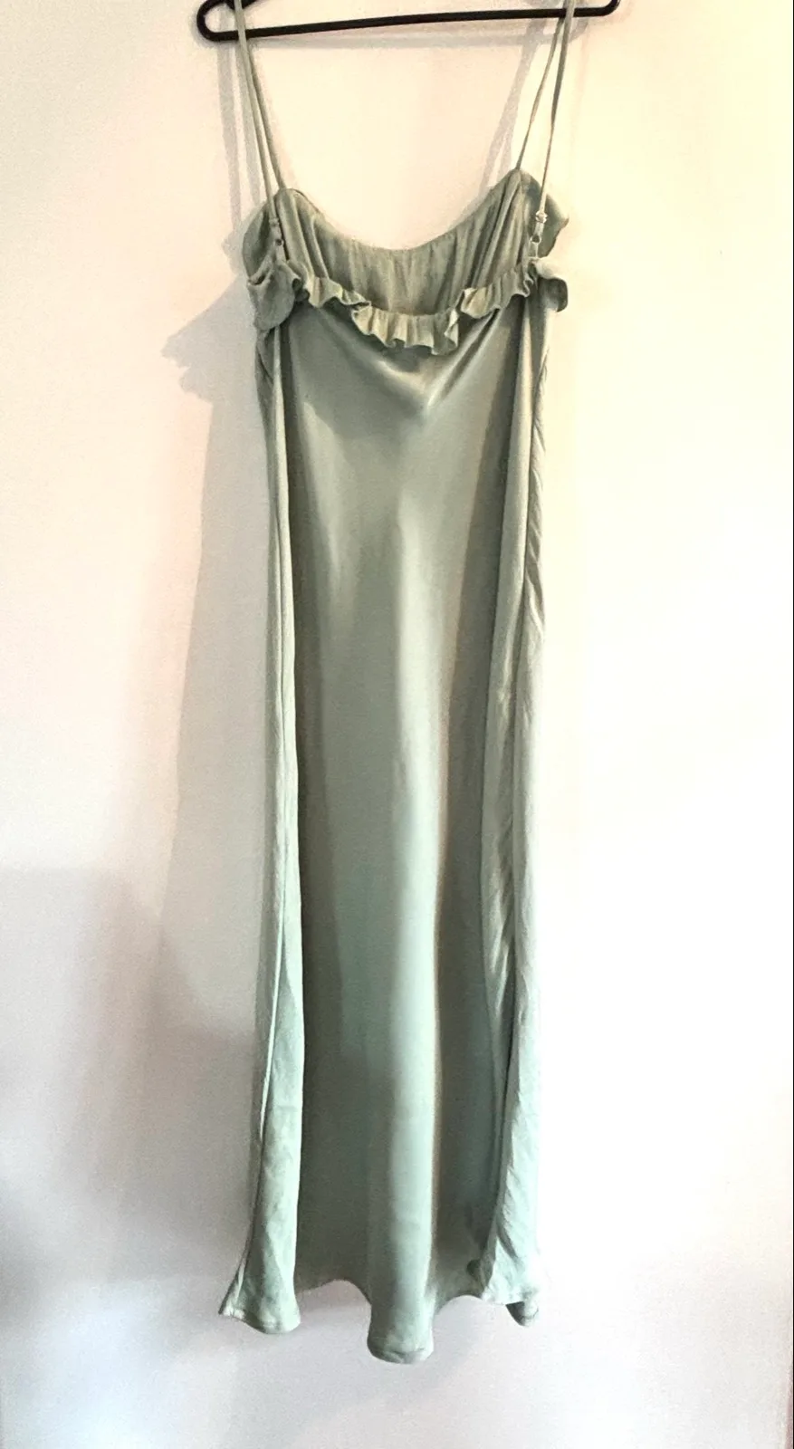 Sage Green Ruffle Satin Maxi Dress — photo 2