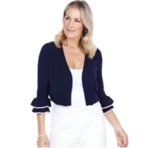 Ladies Amanda Charles Knit Bolero Cardigan Ruffle Three Quart Sleeve Navy Small