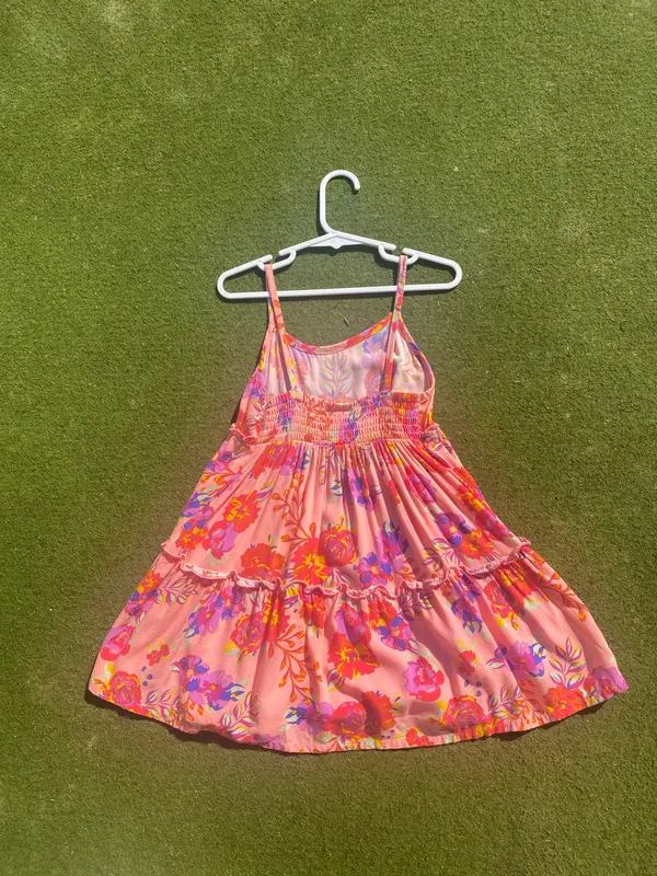 Mango Girls size 7 pink multi coloured floral smocked sundress spaghetti straps
