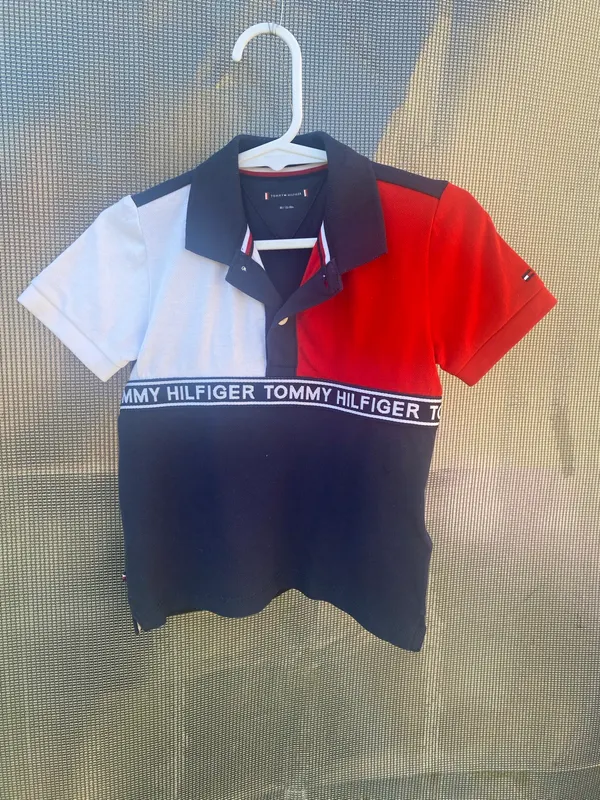 Tommy Hilfiger boys colour block polo shirt size 170.Navy/red/white cotton blend