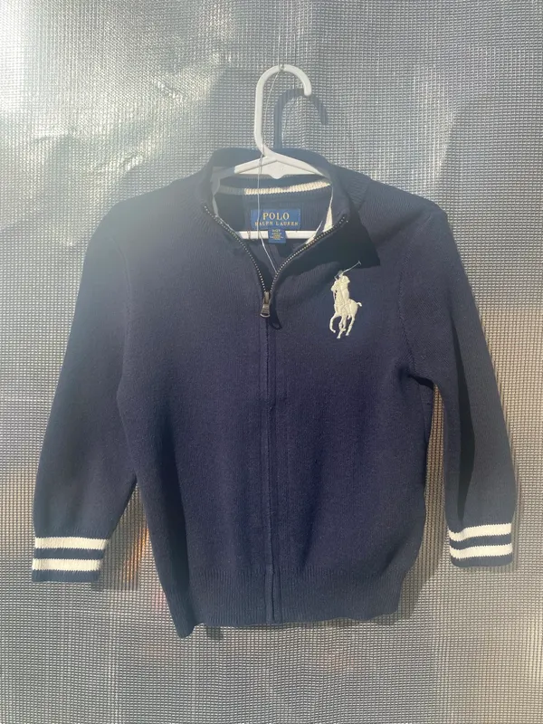 Polo Ralph Lauren Boys full zip knit jumper Navy logo mock neck 2-3 years