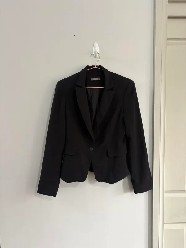Jacqui-E Women’s Black Herringbone Lined Single Button Blazer Jacket Size 8