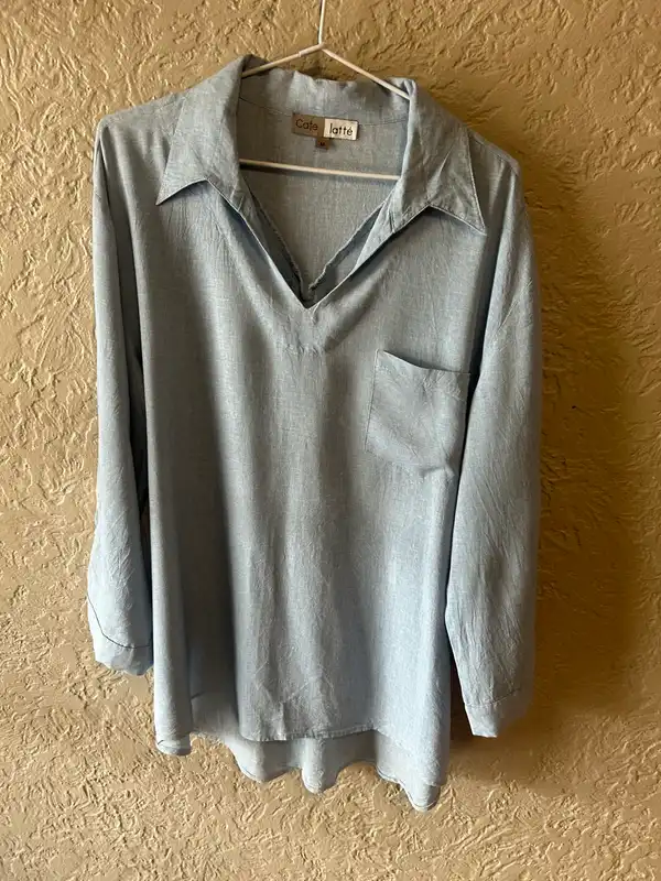 Cafe latte blue linen blend blouse