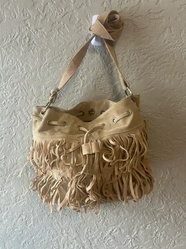 Tan boho Fringed bucket bag