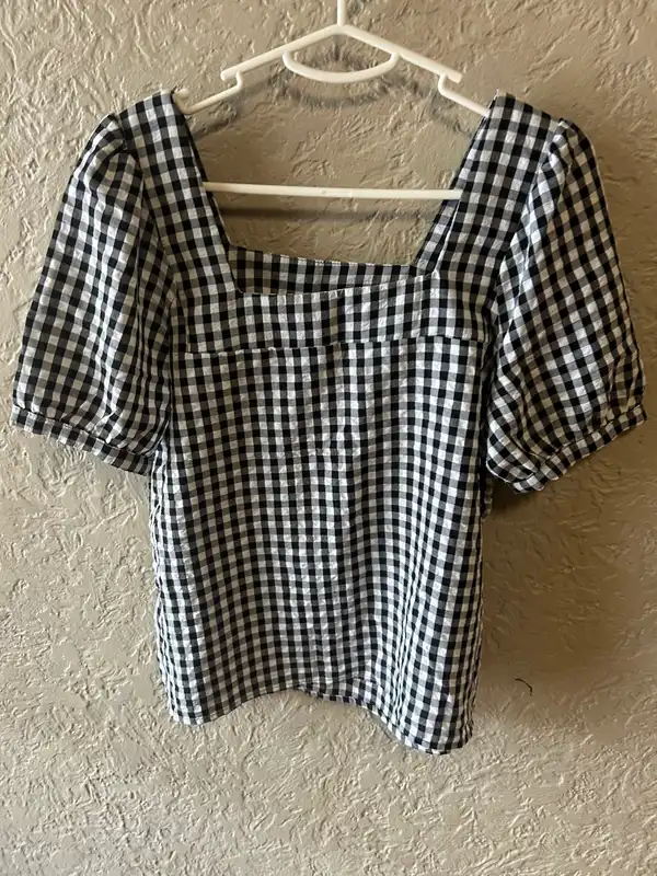 Shein black/white gingham square neck blouse