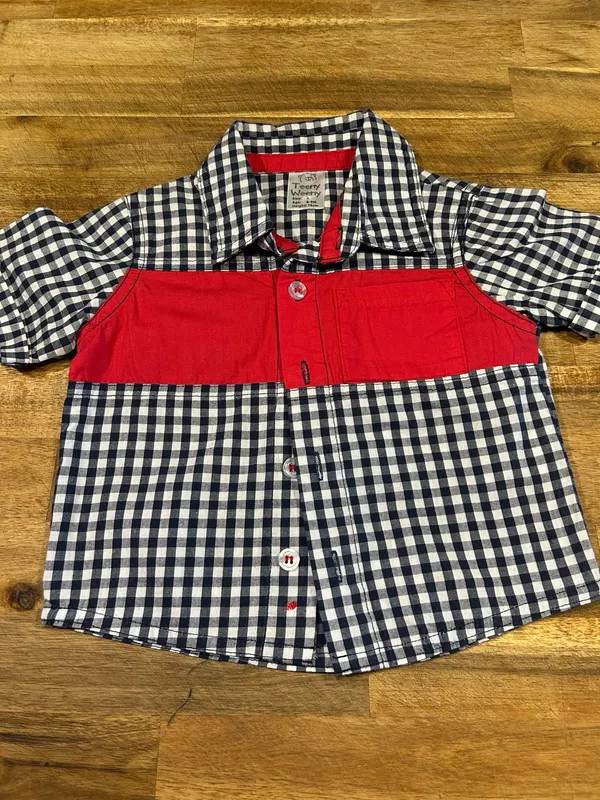 Teeny weeny baby boy navy/white gingham shirt