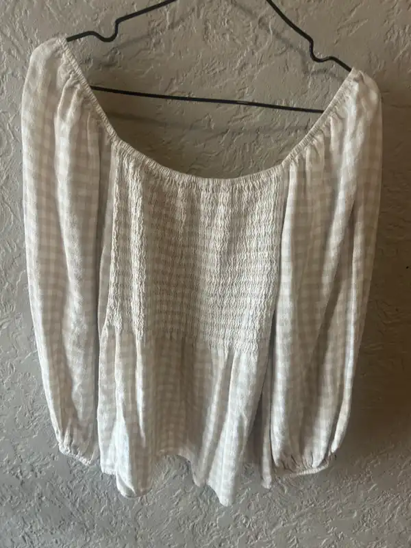 Edited bone/white gingham off the shoulder top