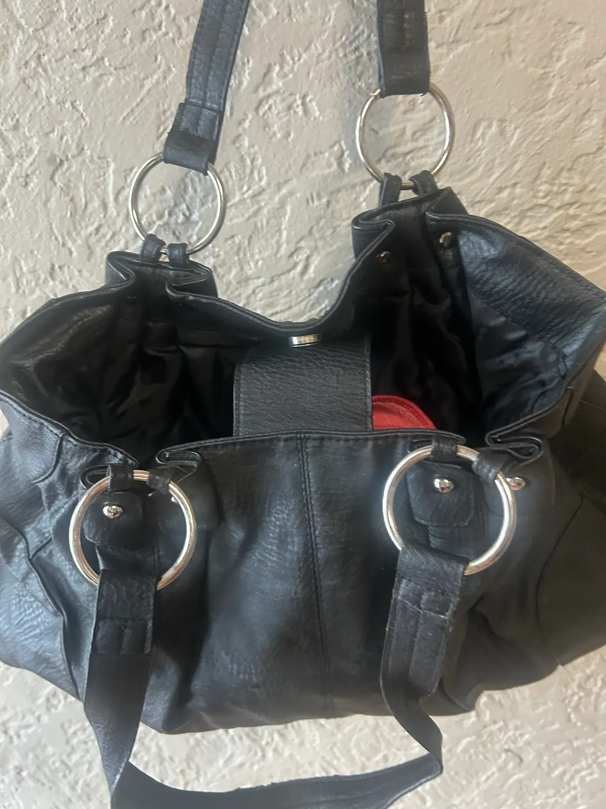 Black faux leather handbag with silver tone hardware – photo 5