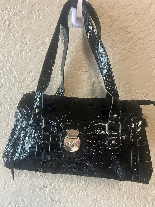 Black faux croc leather handbag