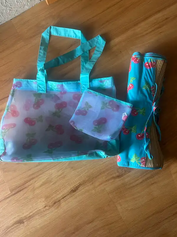 Blue cherry print beach bag with pouch and mat