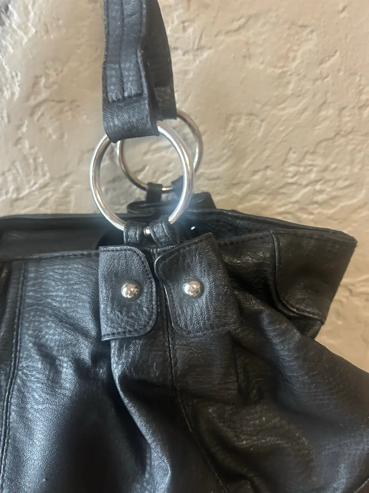 Black faux leather handbag with silver tone hardware – photo 2