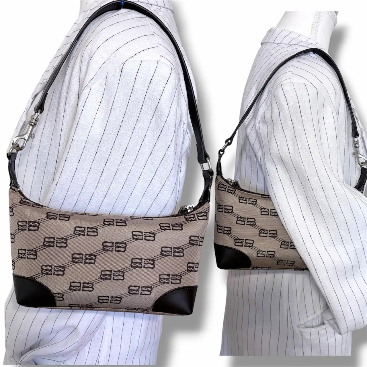 Authentic Balenciaga BB Brown Monogram Canvas Leather Trim Small Shoulder Bag – photo 2