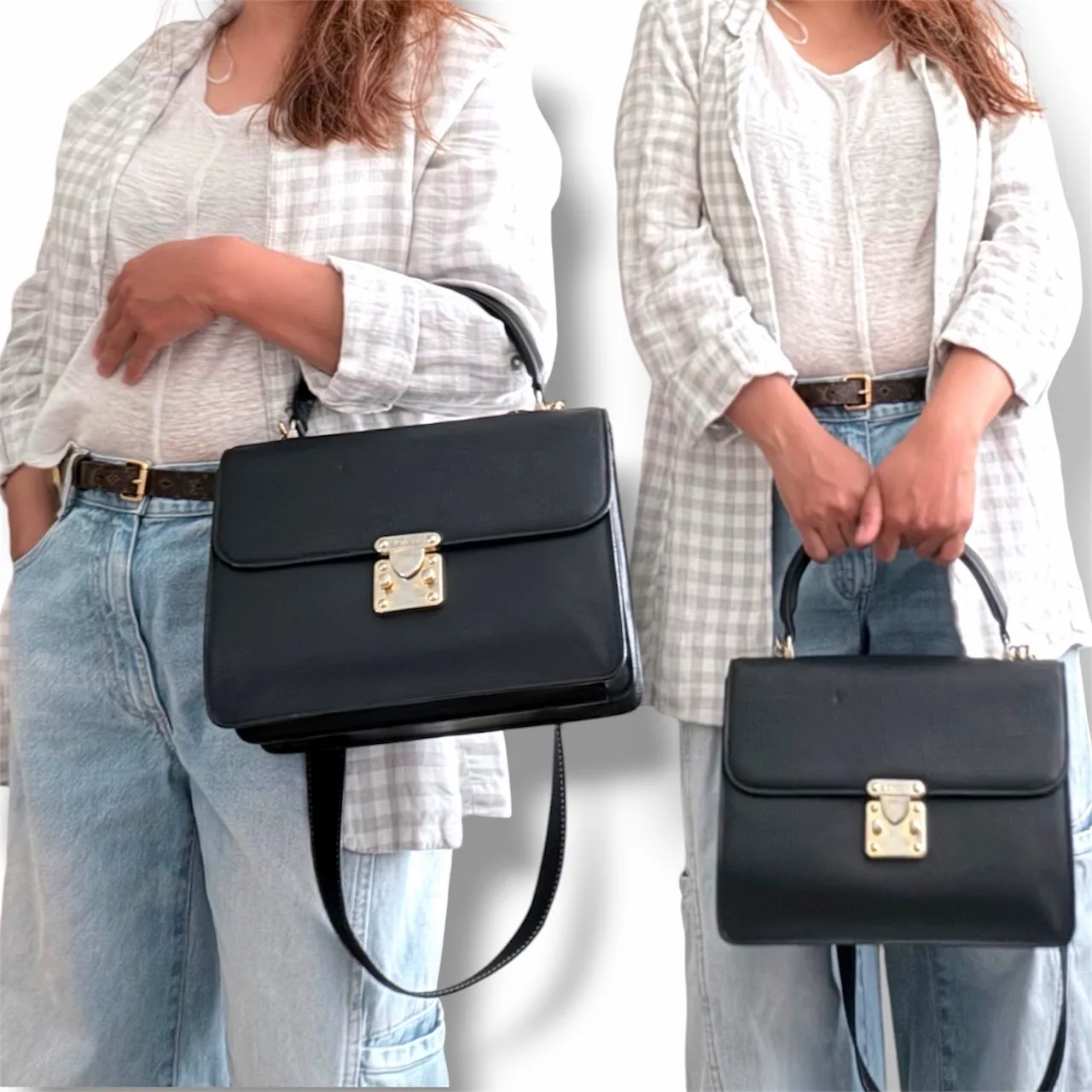 Authentic Vintage Fendi Structured Black Textured Leather Two-Way Handbag – photo 12