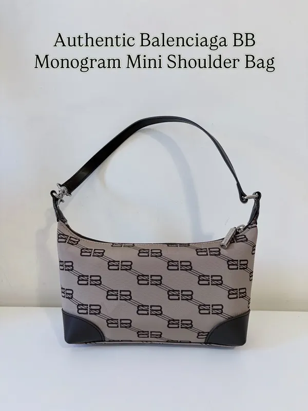 Authentic Balenciaga BB Brown Monogram Canvas Leather Trim Small Shoulder Bag