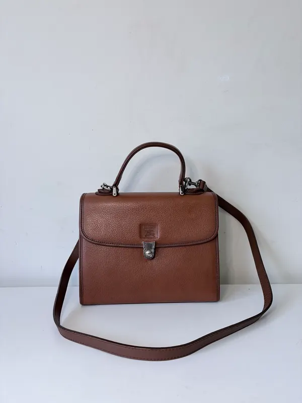 Authentic Vintage Burberry Brown Leather Two-Way Handbag