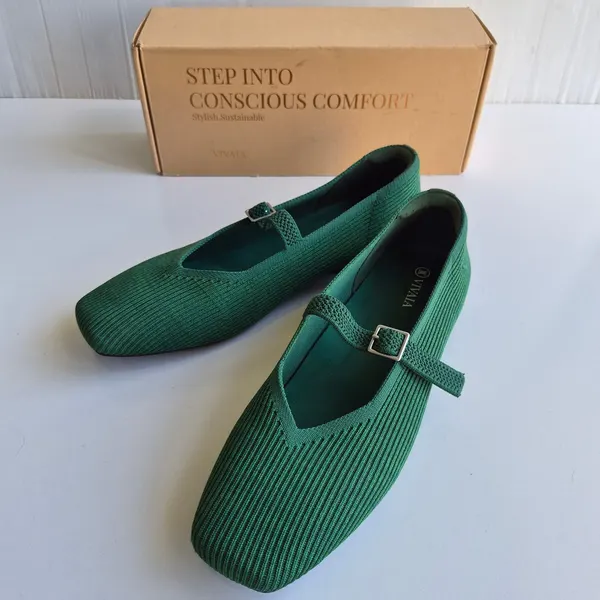 Vivaia Margot Green Knitted Square Toe Mary-Jane Flats Size 43