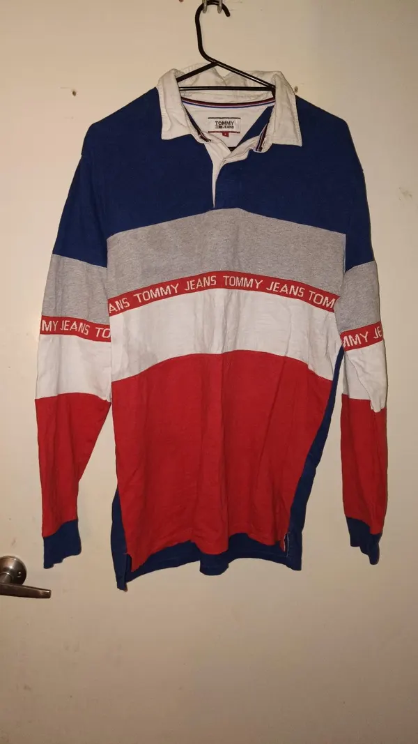Tommy Jeans Colorblock Long Sleeve Rugby Shirt Navy Red White Men's Size