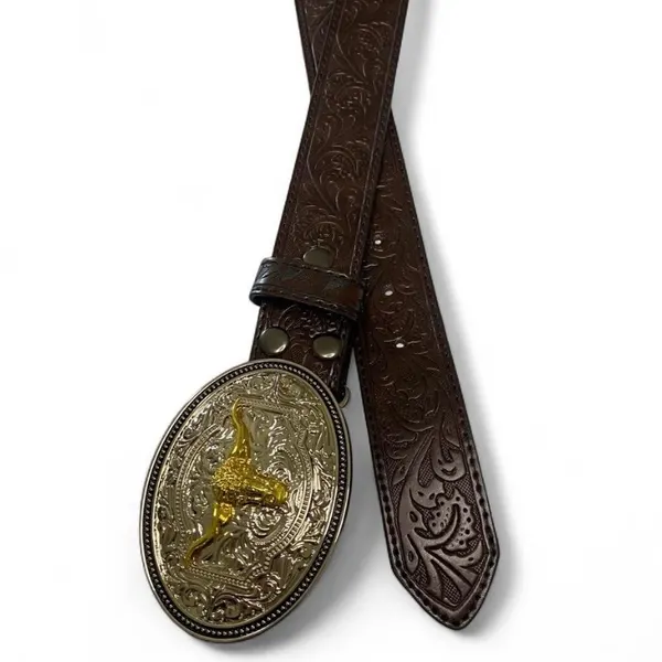 Custom Western Leather Belt Silver-Tone Buckle.