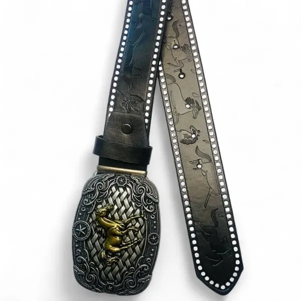 Western Embossed Belt Ornate Galloping Horse Buckle