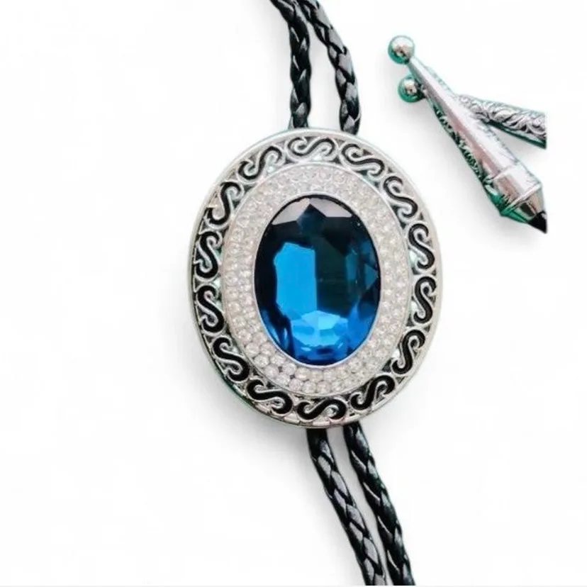 Blue Crystal Bolo Tie with Ornate Silver-Tone Oval Frame – photo 5