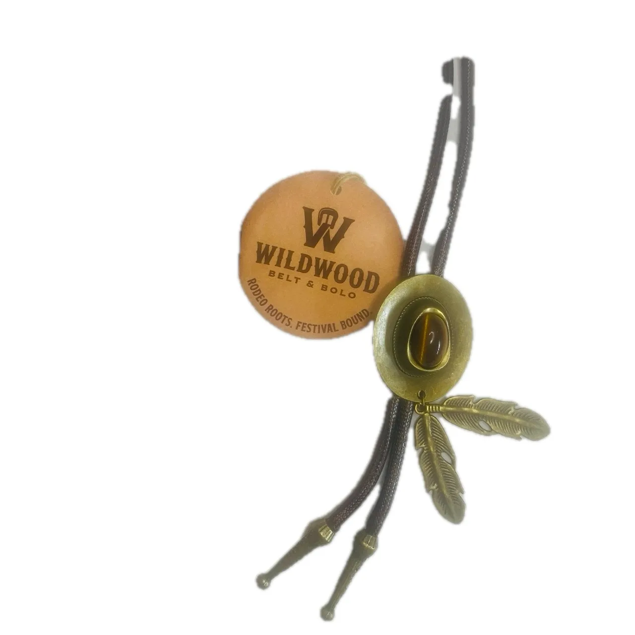 Western bolo tie cowboy hat pendant, tigers eye & feather charms – photo 2