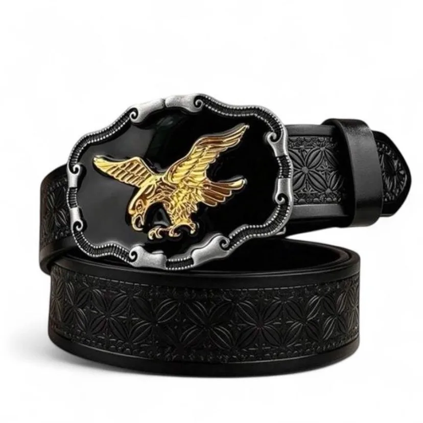 Western Black Embossed Belt with Golden Eagle on Black Buckle – photo 7