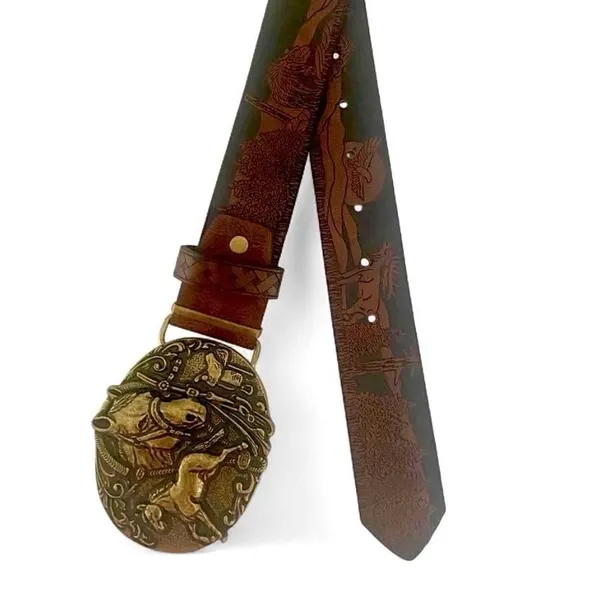 Western tooled belt, brown with brass-toned horse buckle NEW