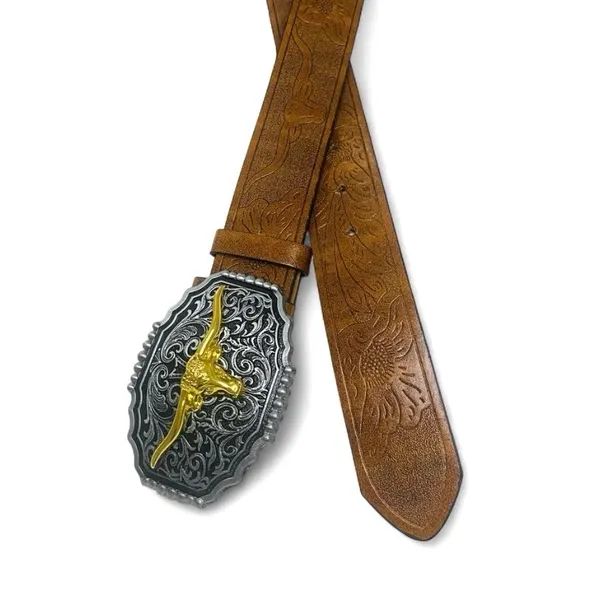 Custom Western Style Belt Golden Longhorn/ Silver Buckle NEW
