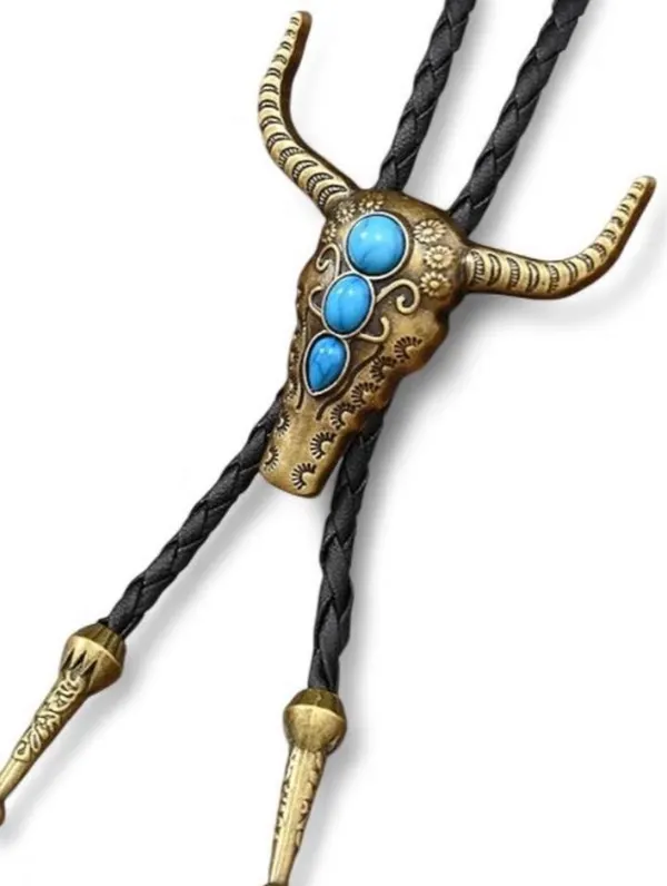 Western Style Bolo Tie Old Gold-Tone Bulls Head