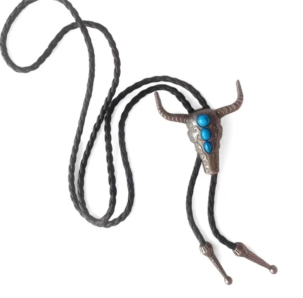 Western Style Bolo Tie Pewter-Tone Bulls Head