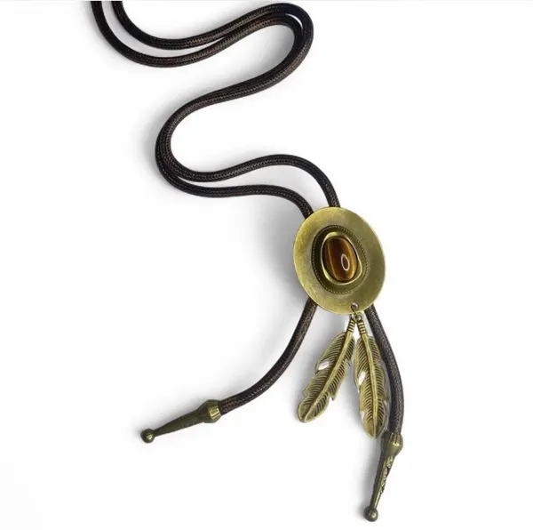 Western bolo tie cowboy hat pendant, tigers eye & feather charms