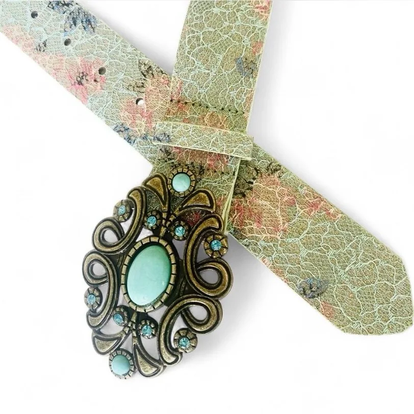 Boho Floral Print Belt Gold & Turquoise Buckle — photo 5