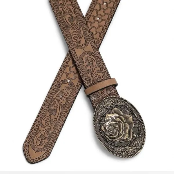 Western Embossed Belt Light Gold Tone Buckle