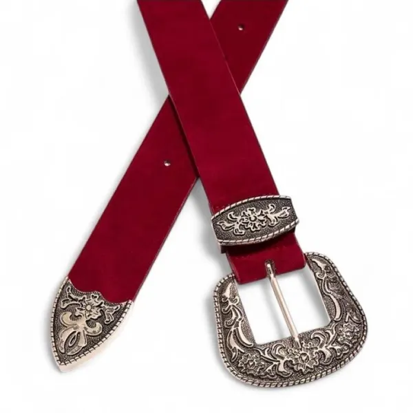 Western Red Velvet Belt Ornate Silver-Tone Buckle