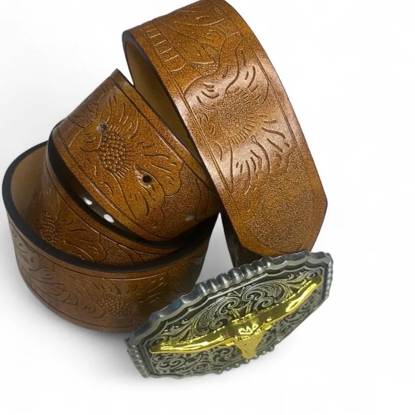 Custom Western Style Belt Golden Longhorn/ Silver Buckle NEW — photo 6