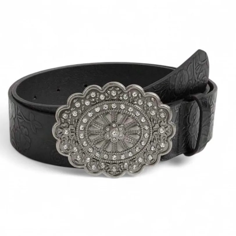 Vintage-Style Western Floral Embossed Belt with Oval Rhinestone Buckle – photo 6