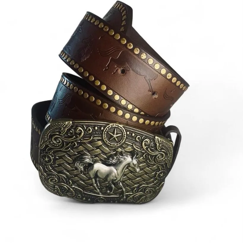 Western Embossed Belt Ornate Galloping Horse Buckle — photo 2