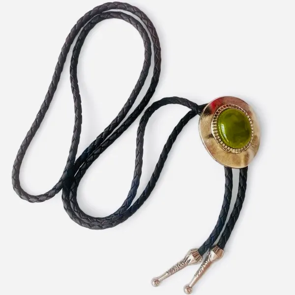 Western Bolo Tie Green Citrine Silver-Tone Setting