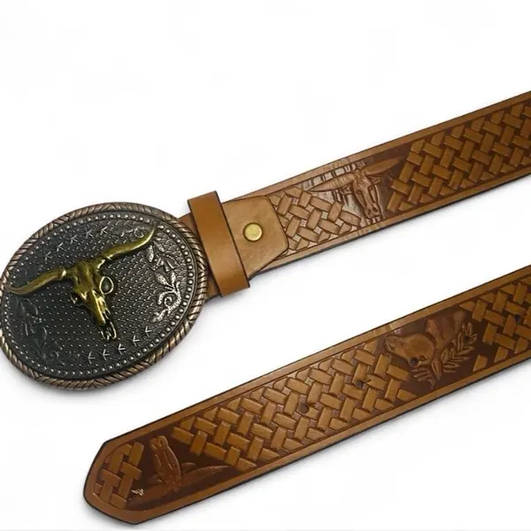 Western Embossed Belt Golden Longhorn Bull Silver Buckle